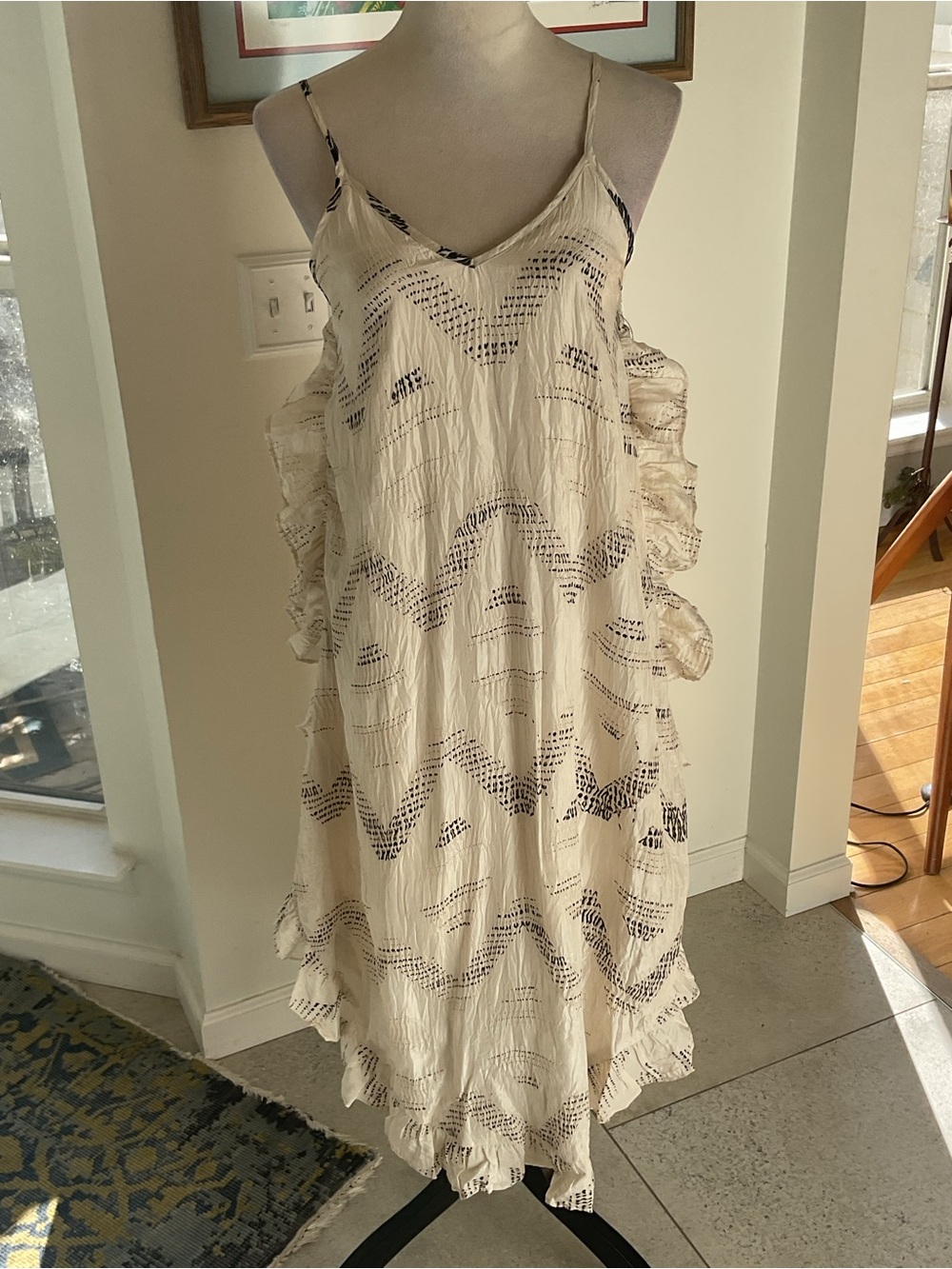 SILK Joie Cream Midi Dress with Navy Wave Print
